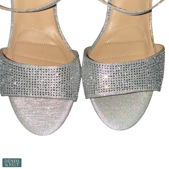 Badgley Mischka Silver Glitter Heels Sandals 10W Rhinestone Ankle Strap Dressy - Picture 3 of 16